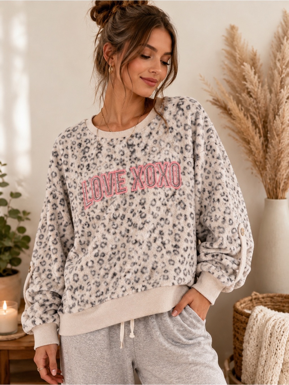Y2K Leopard Fleece Pullover Cozy Soft Lounge Sweatshirt XOXO Love Small
